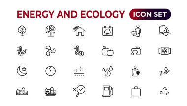 Enerji ve Ekoloji Hattı Düzenlenebilir Simgeler ayarlandı. Çevreyle ilgili ikonların modern ince çizgi tarzında vektör çizimi: koruma, gezegen bakımı, doğal geri dönüşüm gücü. Piktogram ve bilgi grafikleri