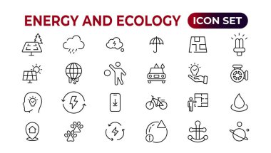 Enerji ve Ekoloji Hattı Düzenlenebilir Simgeler ayarlandı. Çevreyle ilgili ikonların modern ince çizgi tarzında vektör çizimi: koruma, gezegen bakımı, doğal geri dönüşüm gücü. Piktogram ve bilgi grafikleri