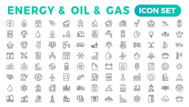 Enerji, petrol ve gaz - ince çizgi ağ simgesi seti. Taslak simge koleksiyonu