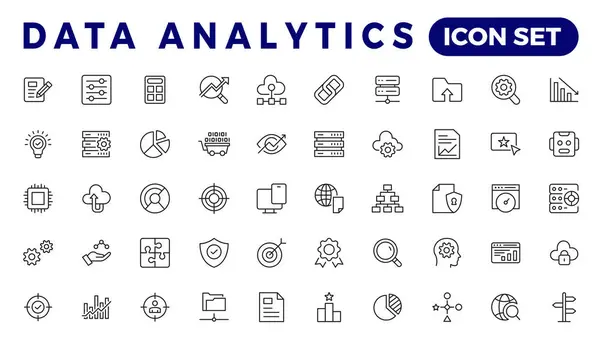 stock vector Data analytics web icons set in thin line design. Pack of database, big data process, ai, monitoring, traffic, hosting service, optimization, backup, chart and other. Vector outline stroke icon design