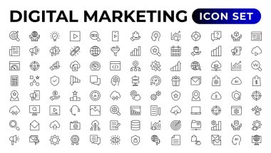Dijital pazarlama ikonları ayarlandı. İçerik, arama, pazarlama, ekommerce, seo