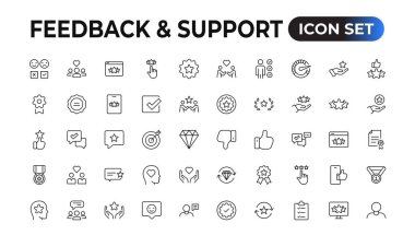 Geribildirim ve Destek - Özet Simgesi Koleksiyonu. İnce Satır Seti Çevrimiçi Yardım, Yardım Masası, Hızlı Yanıt, Geri bildirim ve daha fazlası gibi simgeler içerir. Basit ağ simgeleri ayarlandı