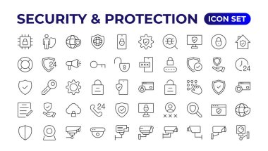 Güvenlik, güvenlik, ince çizgi simgelerini koruma. Web sitesi pazarlama tasarımı, logo, uygulama, şablon, vesaire için. Güvenlik kalkanı simgeleri, işaretli kalkan logotları ve asma kilit. Güvenlik sembolleri.
