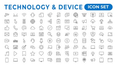Aygıtlar ve elektronik satır simgeleri. Bilgisayarlar cep telefonları vektör doğrusal simge seti. Aygıt simgeleri, akıllı telefon, tablet, dizüstü bilgisayar. Vektör illüstrasyonu, düz tasarım. Taslak simgesi.
