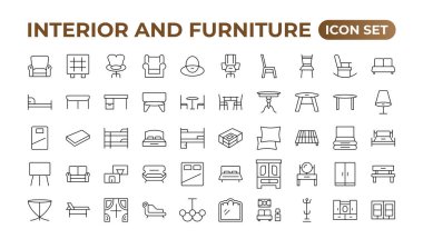 Mobilya düz çizgi simgeleri ayarlandı. Mutfak, yatak odası, kanepe masası, kitaplık dolabı, sandalye, yatak, lambalar, merdiven vektör çizimleri. Evin iç kısmının ana hatları. Mobilya taslak simgesi.