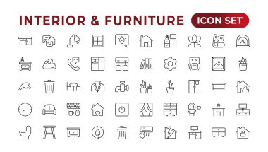 Mobilya düz çizgi simgeleri ayarlandı. Mutfak, yatak odası, kanepe masası, kitaplık dolabı, sandalye, yatak, lambalar, merdiven vektör çizimleri. Evin iç kısmının ana hatları. Mobilya taslak simgesi.