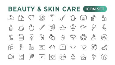 Deri bakım düz çizgi simgeleri ayarlandı. Nemlendirici krem, yaş önleyici yüz maskesi, SPF beyazlatıcı jel. Kozmetik ürünler için tabela tabelaları. Cilt Bakımı simgesi Sivilce gibi doğrusal hatlar içerir,