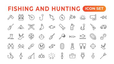 Avlanma ve balık tutma ikonu seti. Avlanma ve olta ipi ikonları koleksiyonu. Büyük UI simgesi düz dizayn edildi. İnce taslak simgeler paketi. Mantarcılık, Balıkçılık ve Avcılık. Taslak simgesi seti.