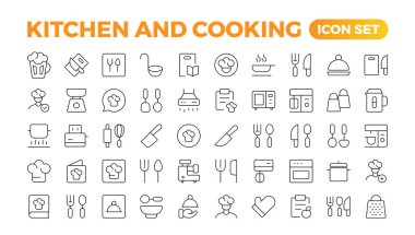 Yemek pişirme ve mutfak ile ilgili bir dizi taslak simgesi. Doğrusal simge koleksiyonu. Mutfak ve Mutfak İnce Çizgili Web ikonu seti. Taslak simge koleksiyonu. Mutfak aletleri - tava, fırın, yemek kitabı, tencere.