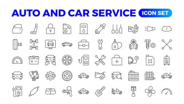 Araba servisi ve tamir ikonu seti. Araba servisi ve garaj. Araba, otomobil, otomobil ikonu. Simge düzeltme elemanı. Garaj, motor, yağ, bakım, ikonu hızlandırın. Araba servisi ikonu ayarlandı. Otomobil servisi, araba.