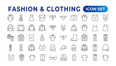 Moda, dikiş ve kıyafetle ilgili bir dizi çizgi ikonu. Taslak simge koleksiyonu. Giysiler ve kumaş elementler - minimal ince çizgi ağ simgesi seti. Taslak düzenlenebilir simgeler koleksiyonu. Elbise, polo tişörtü.