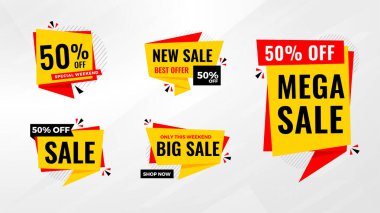 Satış etiketi vektör şablonu. Özel teklif, büyük satış, son satış, satış geçmişi. Web ve Sosyal Hizmetler için indirimli tanıtım afişi tasarımı. 