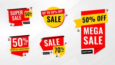 Satış etiketi vektör şablonu. Özel teklif, büyük satış, son satış, satış geçmişi. Web ve Sosyal Hizmetler için indirimli tanıtım afişi tasarımı. 