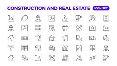 Emlak ve inşaat çizgisi simgeleri ayarlandı. Emlak ana hatları simge koleksiyonu. Konut satın alma ve satışı, inşaatçı, vinç, kiralık bina, sigorta, emlak, ölçü, alet. İnce çizgi simgesi.