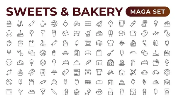 Sweets & Fırın simgesi seti. Yemek ikonu koleksiyonu. İçinde yemek, restoran, yemek ve meyve ikonları var. Yiyecek ve içecekle ilgili bir dizi taslak simgesi. Doğrusal simge koleksiyonu. Taslak simge koleksiyonu.