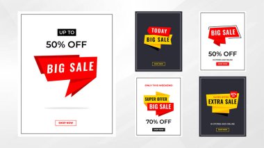 İndirim etiketleri vektör şablonunu ayarlar. Satış afişi, büyük indirim, son satış geçmişi. Web ve Sosyal Hizmetler için indirimli tanıtım afişi tasarımı. 