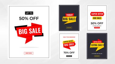 İndirim etiketleri vektör şablonunu ayarlar. Satış afişi, büyük indirim, son satış geçmişi. Web ve Sosyal Hizmetler için indirimli tanıtım afişi tasarımı. 