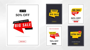 İndirim etiketleri vektör şablonunu ayarlar. Satış afişi, büyük indirim, son satış geçmişi. Web ve Sosyal Hizmetler için indirimli tanıtım afişi tasarımı. 