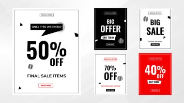 İndirim etiketleri vektör şablonunu ayarlar. Satış afişi, büyük indirim, son satış geçmişi. Web ve Sosyal Hizmetler için indirimli tanıtım afişi tasarımı. 