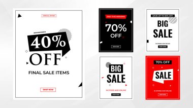 İndirim etiketleri vektör şablonunu ayarlar. Satış afişi, büyük indirim, son satış geçmişi. Web ve Sosyal Hizmetler için indirimli tanıtım afişi tasarımı. 