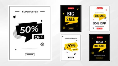İndirim etiketleri vektör şablonunu ayarlar. Satış afişi, büyük indirim, son satış geçmişi. Web ve Sosyal Hizmetler için indirimli tanıtım afişi tasarımı. 