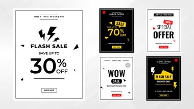 İndirim etiketleri vektör şablonunu ayarlar. Satış afişi, büyük indirim, son satış geçmişi. Web ve Sosyal Hizmetler için indirimli tanıtım afişi tasarımı. 