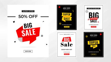 İndirim etiketleri vektör şablonunu ayarlar. Satış afişi, büyük indirim, son satış geçmişi. Web ve Sosyal Hizmetler için indirimli tanıtım afişi tasarımı. 