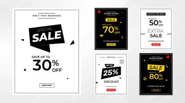 İndirim etiketleri vektör şablonunu ayarlar. Satış afişi, büyük indirim, son satış geçmişi. Web ve Sosyal Hizmetler için indirimli tanıtım afişi tasarımı. 