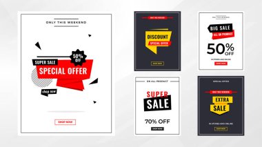 İndirim etiketleri vektör şablonunu ayarlar. Satış afişi, büyük indirim, son satış geçmişi. Web ve Sosyal Hizmetler için indirimli tanıtım afişi tasarımı. 