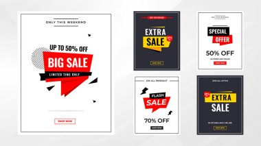 İndirim etiketleri vektör şablonunu ayarlar. Satış afişi, büyük indirim, son satış geçmişi. Web ve Sosyal Hizmetler için indirimli tanıtım afişi tasarımı. 