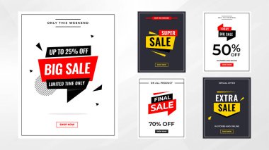 İndirim etiketleri vektör şablonunu ayarlar. Satış afişi, büyük indirim, son satış geçmişi. Web ve Sosyal Hizmetler için indirimli tanıtım afişi tasarımı. 