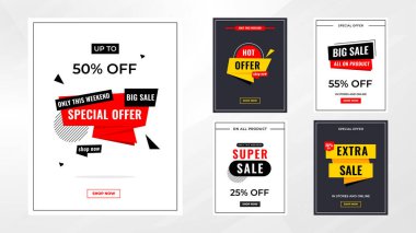 İndirim etiketleri vektör şablonunu ayarlar. Satış afişi, büyük indirim, son satış geçmişi. Web ve Sosyal Hizmetler için indirimli tanıtım afişi tasarımı. 