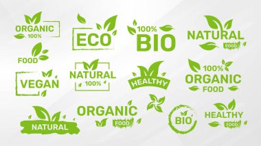 Vegan seti, eko, biyo, organik, taze, sağlıklı, yüzde 100 nateral gıda. Doğal ürün Koleksiyonu amblem kafe rozetleri etiketlerambalaj Vektör illüstrasyon