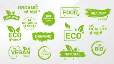Vegan seti, eko, biyo, organik, taze, sağlıklı, yüzde 100 nateral gıda. Doğal ürün Koleksiyonu amblem kafe rozetleri etiketlerambalaj Vektör illüstrasyon