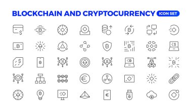 Engelleme zinciri, bitcoin ince çizgi simgeleri vektör illüstrasyonunu ayarlar. Dijital cüzdan ve veri madencilik ağı, şifreli para değişimi, işlem ödeme piktogramı, şifreleme simgeleri