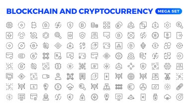 Engelleme zinciri, bitcoin ince çizgi simgeleri vektör illüstrasyonunu ayarlar. Dijital cüzdan ve veri madencilik ağı, şifreli para değişimi, işlem ödeme piktogramı, şifreleme simgeleri