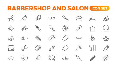 Berber dükkanı simgeleri - en az düzenlenebilir ince çizgi web illüstrasyonları. Taslak koleksiyonu. Barber 's Tools simgelerinin basit vektör çizimi. Sanat paketi. Vektör simgesi koleksiyonu.