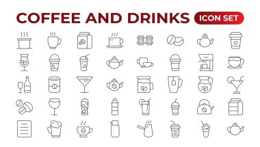 Kafe simgeleri seti. Basit çizgi sanat simgeleri paketi. Vektör çizimi. Kahve ikonları. Fasulye, sıcak kokteyl ve makine. Espresso bardağı, krem şantili kapuçino Latte otomatlı..