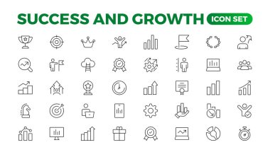 Büyüme ve başarı çizgisi simgeleri koleksiyonu. Büyük UI simgesi düz dizayn edildi. İnce bir taslak. Vektör illüstrasyonu. Büyüme ve Başarı ayarlandı. Başarılı iş geliştirme, planlama süreci sembolü.