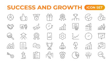 Büyüme ve başarı çizgisi simgeleri koleksiyonu. Büyük UI simgesi düz dizayn edildi. İnce bir taslak. Vektör illüstrasyonu. Büyüme ve Başarı ayarlandı. Başarılı iş geliştirme, planlama süreci sembolü.