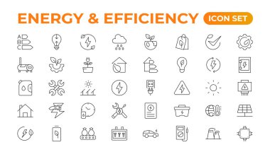 Enerji ve Ekoloji çizgi simgeleri seti. Düzenlenebilir felç koleksiyonu olan bir taslak. Eko Ev, Nükleer Enerji, Elektrik Santrali, Güneş Enerjisi. Enerji verimliliği ve tasarruf hakkında basit bir set.