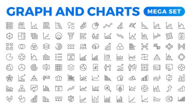 Büyüyen çubuk grafik simgesi seti. İş grafikleri ve grafikleri simgeleri. İstatistik ve analitik vektör ikonu. İstatistik ve veriler, şemalar, para, aşağı veya yukarı ok. Simge koleksiyonu taslağı.