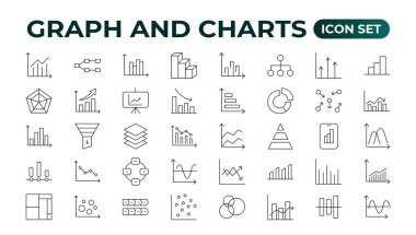 Büyüyen çubuk grafik simgesi seti. İş grafikleri ve grafikleri simgeleri. İstatistik ve analitik vektör ikonu. İstatistik ve veriler, şemalar, para, aşağı veya yukarı ok. Simge koleksiyonu taslağı.