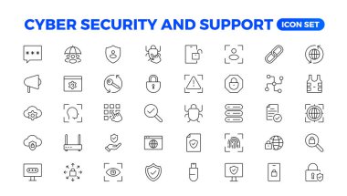 Siber güvenlik ve destek ikonu ayarlandı. Veri koruma sembolü. Güvenli ağ koleksiyonu. Teknoloji konsepti. Vektör çizimi. Müşteri Hizmetleri ve Destek - Özet Simgesi Koleksiyonu.