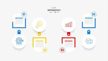Sunum için Dört Adım Bilgi Ögesi Tasarım Vektörü şablonu. işlem diyagramı ve sunumlar adım, iş akışı düzeni, bayrak, akış şeması, bilgi grafik vektör illüstrasyonu.