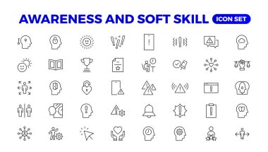 Set of self awareness icons. Thin linear style icons Pack.Vector Illustration.Volunteering set. Outline set volunteering vector icon. Soft skills icon Containing communication, empathy, assertiveness. clipart