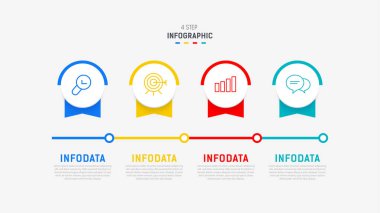 Sunum için Dört Adım Bilgi Ögesi Tasarım Vektörü şablonu. işlem diyagramı ve sunumlar adım, iş akışı düzeni, bayrak, akış şeması, bilgi grafik vektör illüstrasyonu.