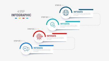 Sunum için Dört Adım Bilgi Ögesi Tasarım Vektörü şablonu. işlem diyagramı ve sunumlar adım, iş akışı düzeni, bayrak, akış şeması, bilgi grafik vektör illüstrasyonu.