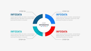 Sunum için Dört Adım Bilgi Ögesi Tasarım Vektörü şablonu. işlem diyagramı ve sunumlar adım, iş akışı düzeni, bayrak, akış şeması, bilgi grafik vektör illüstrasyonu.