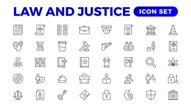 Hukuk ve Hüküm Çizgisi tasviri simgeleri. Adalet, Mahkeme ve Hükümet ana hatları simgesi belirlendi.